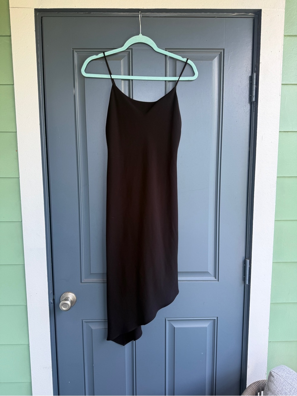 S.L. Fashions Black Asymmetrical Slip Dress with Spaghetti Straps